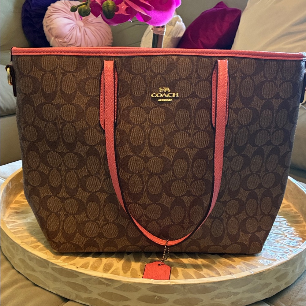 Coach Signature Brown Tote with Pink Trim